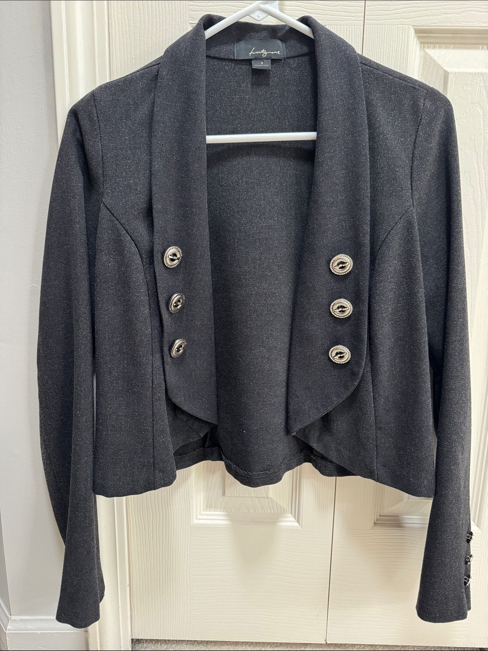 Laundry By Shelli Segal Black Cropped Shawl-Collar Blazer with Silver Buttons